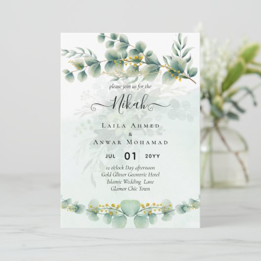 Invitation Eucalyptus Verdure Or MARIAGE QR CODE Moderne (Debout devant)