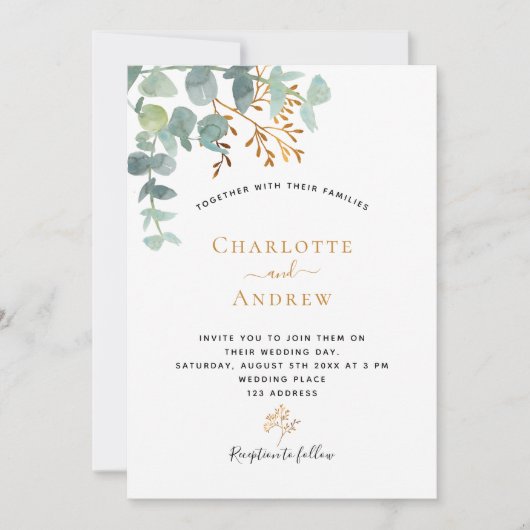 Invitation Eucalyptus verdure or moderne mariage élégant mode (Devant)