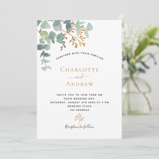 Invitation Eucalyptus verdure or moderne mariage élégant mode (Debout devant)