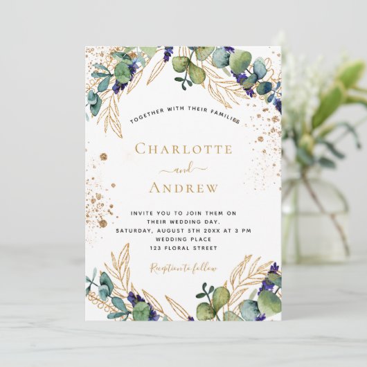 Invitation Eucalyptus verdure or parties scintillant mariage  (Debout devant)