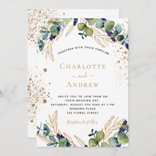 Invitation Eucalyptus verdure or parties scintillant mariage (Devant / Derrière)