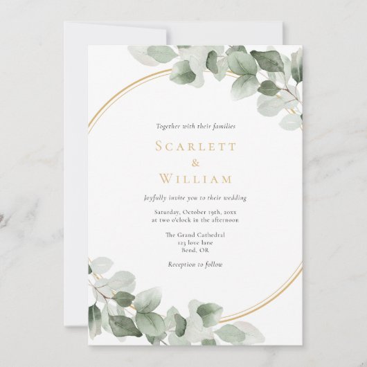 Invitation Eucalyptus Verdure Or Simple Mariage tout en un (Devant)