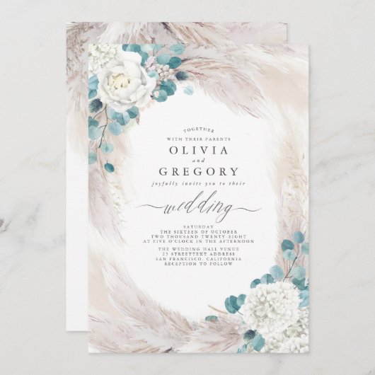 Invitation Eucalyptus Verdure Pampas Grass Mariage exotique (Devant / Derrière)