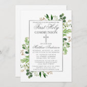 Invitation Eucalyptus Verdure Première Communion Argent (Devant / Derrière)