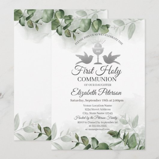 Invitation Eucalyptus Verdure Première Sainte Communion (Devant / Derrière)