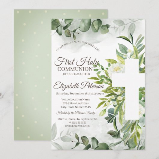 Invitation Eucalyptus verdure Première Sainte Communion (Devant / Derrière)