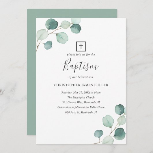 Invitation Eucalyptus Verdure Religieux Élégant Baptême (Devant / Derrière)