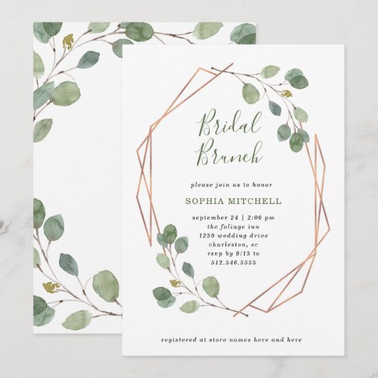 Invitation Eucalyptus verdure | Rose Gold Geo Bridal Brunch (Devant / Derrière)