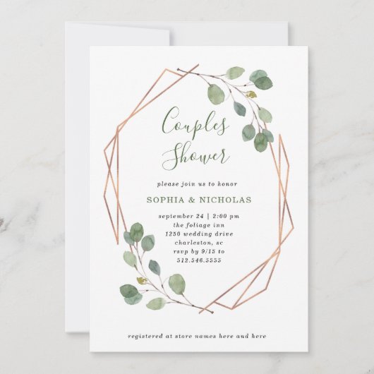Invitation Eucalyptus verdure | Rose Gold Geo Couples douche (Devant)