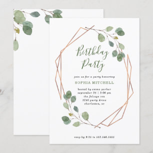 Invitation Eucalyptus verdure Rose Gold Geo fête d'annivers