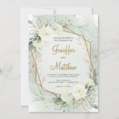 Invitation Eucalyptus Verdure Roses Blanches Mariage Or (Devant)