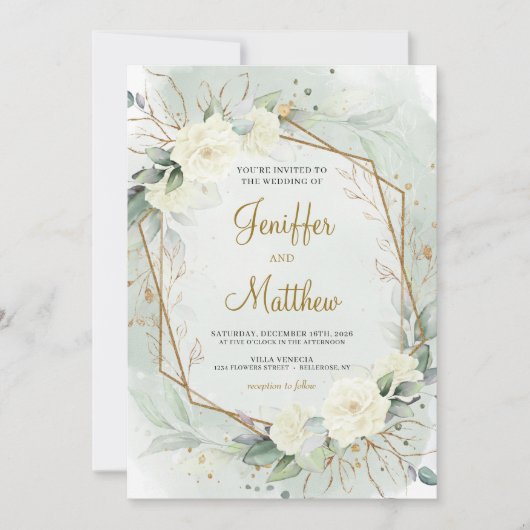 Invitation Eucalyptus Verdure Roses Blanches Mariage Or (Devant)