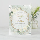 Invitation Eucalyptus Verdure Roses Blanches Mariage Or (Debout devant)