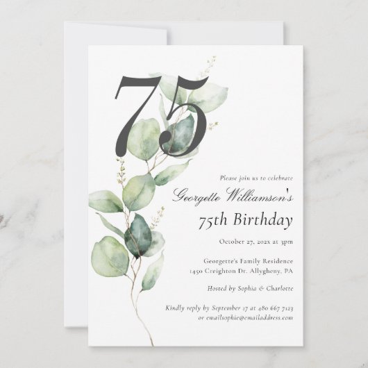 Invitation Eucalyptus Verdure Script 75e anniversaire (Devant)