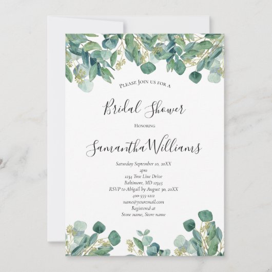 Invitation Eucalyptus Verdure Script Fête des mariées tendanc (Devant)