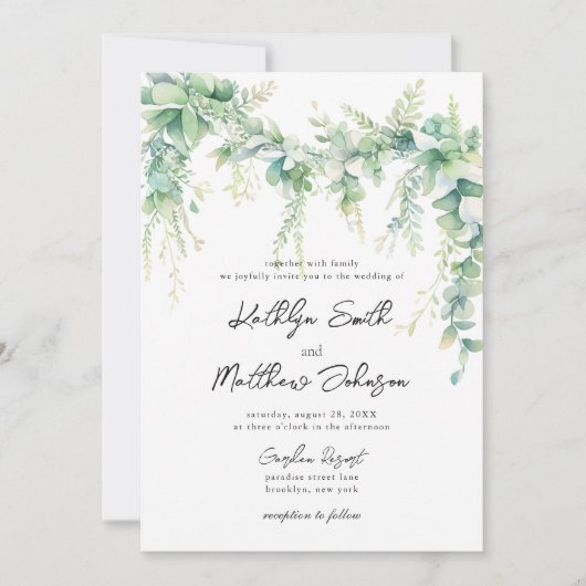 Invitation Eucalyptus Verdure Script Jardin moderne Mariage (Devant)