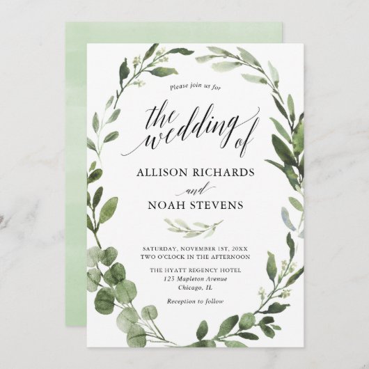 Invitation Eucalyptus verdure simple mariage élégant (Devant / Derrière)