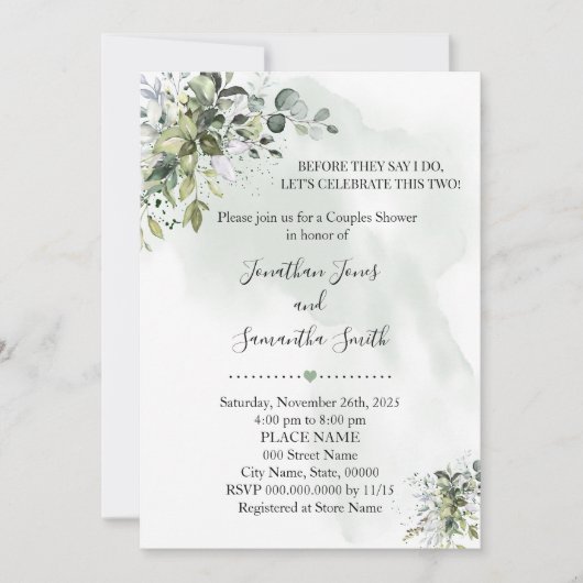 Invitation Eucalyptus verdure succulent couples douche (Devant)