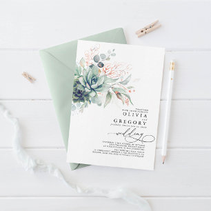 Invitation Eucalyptus Verdure Succulents Rose Mariage or