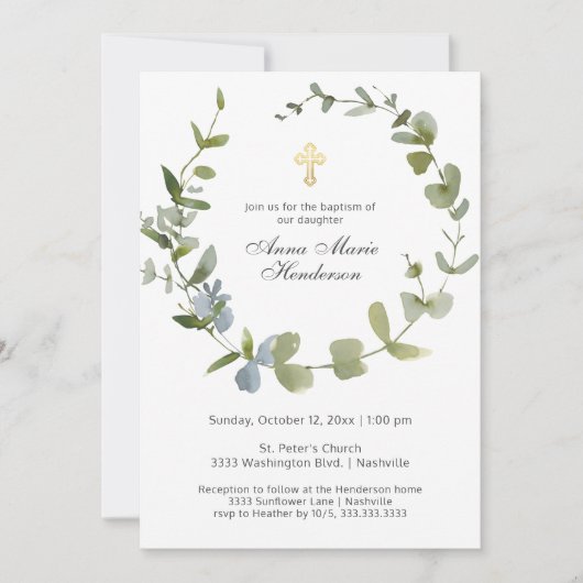 Invitation Eucalyptus Verdure Wreath Cross Baptême (Devant)