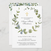 Invitation Eucalyptus Verdure Wreath Cross Baptême (Devant / Derrière)