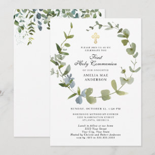 Invitation Eucalyptus Verdure Wreath Cross Sainte Communion