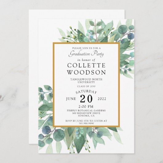 Invitation Eucalyptus Vert Aquarelle Graduation (Devant / Derrière)