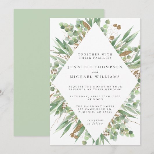 Invitation Eucalyptus Vert Aquarelle & Mariage Or (Devant / Derrière)