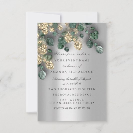 Invitation Eucalyptus Vert Argent Parties scintillant Or Foil (Devant)
