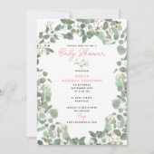 Invitation Eucalyptus Vert bébé fille Baby shower rose (Devant)