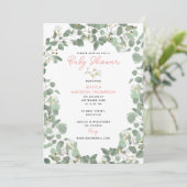 Invitation Eucalyptus Vert bébé fille Baby shower rose (Debout devant)