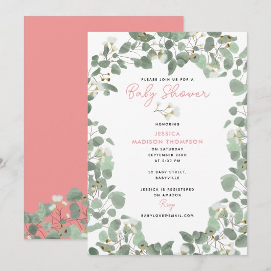 Invitation Eucalyptus Vert bébé fille Baby shower rose (Devant / Derrière)