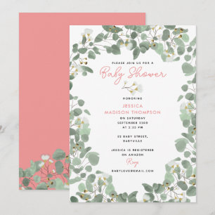 Invitation Eucalyptus Vert bébé fille Baby shower rose