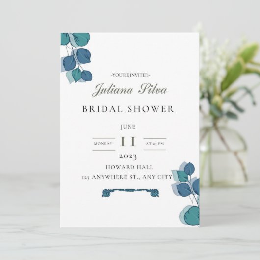 Invitation Eucalyptus vert bleu feuille élégant rustique (Debout devant)