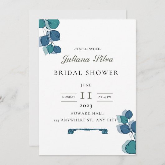 Invitation Eucalyptus vert bleu feuille élégant rustique (Devant / Derrière)