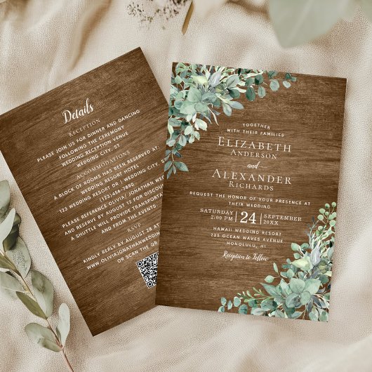 Invitation Eucalyptus Vert Bois rustique QR Code Mariage