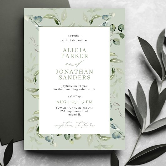 Invitation Eucalyptus vert classe mariage moderne