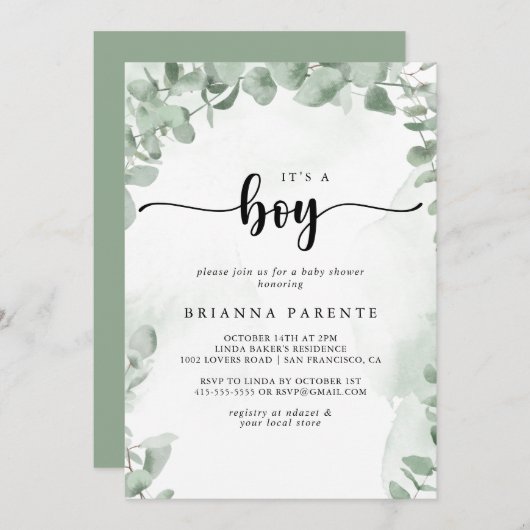 Invitation Eucalyptus vert classique C'est un Baby shower gar (Devant / Derrière)