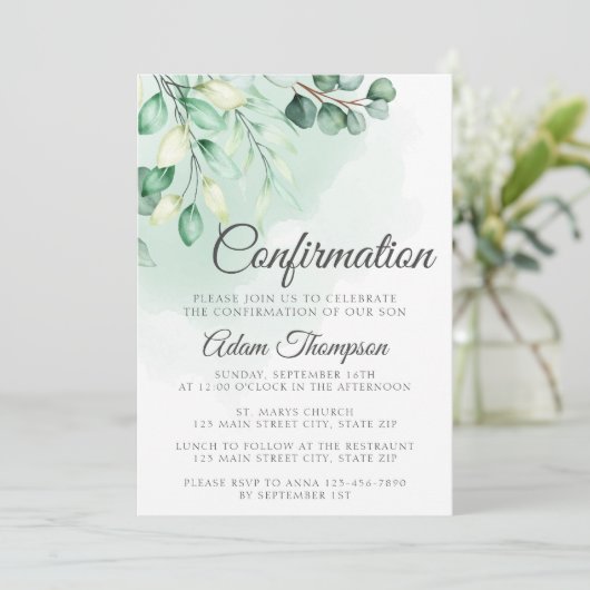 Invitation Eucalyptus Vert Confirmation simple (Debout devant)