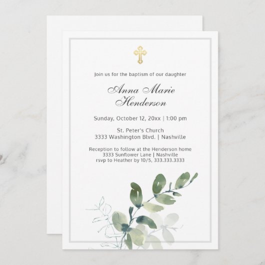 Invitation Eucalyptus Vert Croix d'or Baptême (Devant / Derrière)