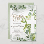 Invitation Eucalyptus Vert Croix florale Baptême (Devant / Derrière)