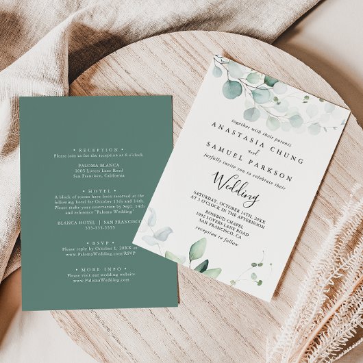 Invitation Eucalyptus vert d'été Mariage avant et arrière