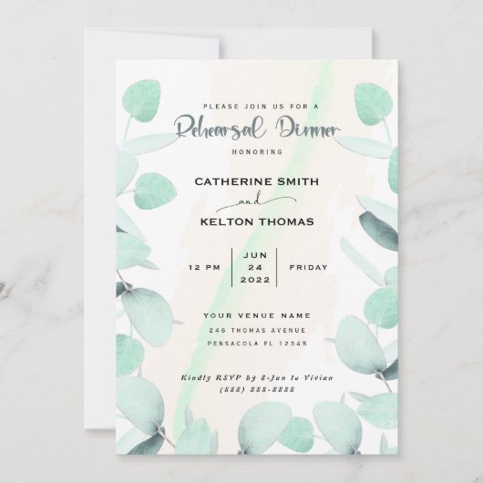Invitation Eucalyptus Vert Dîner Simple Répétition (Devant)