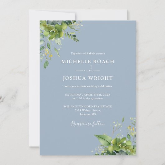 Invitation Eucalyptus Vert Dusty bleu QR Code Mariage (Devant)