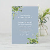 Invitation Eucalyptus Vert Dusty bleu QR Code Mariage (Debout devant)