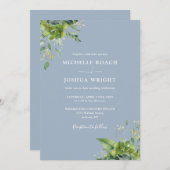 Invitation Eucalyptus Vert Dusty bleu QR Code Mariage (Devant / Derrière)
