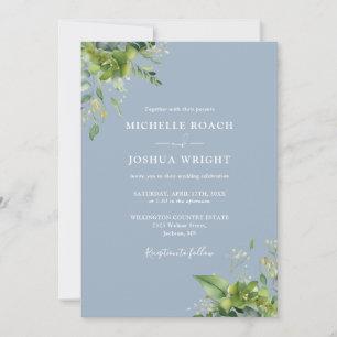 Invitation Eucalyptus Vert Dusty bleu QR Code Mariage