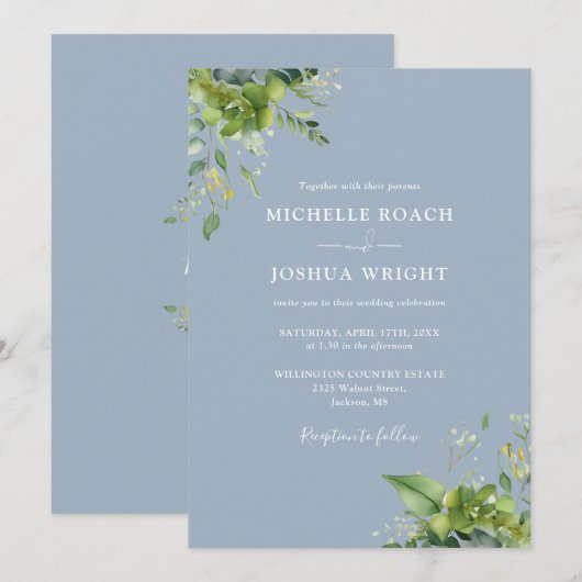 Invitation Eucalyptus Vert Dusty Blue Monogram Mariage (Devant / Derrière)