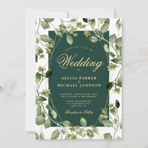 Invitation Eucalyptus vert émeraude mariage or vert émeraude