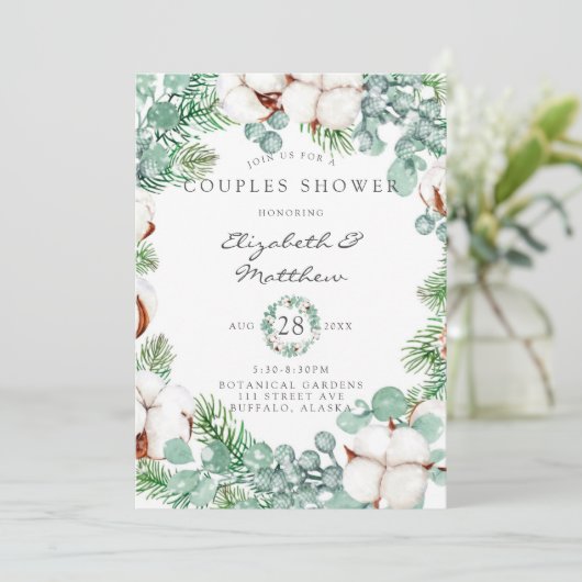 Invitation Eucalyptus vert et Couples en coton Douche (Debout devant)